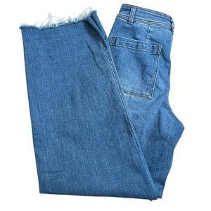 Oat New York Womens 4/27 Wide Leg Raw Hem Medium Wash High Rise Jeans